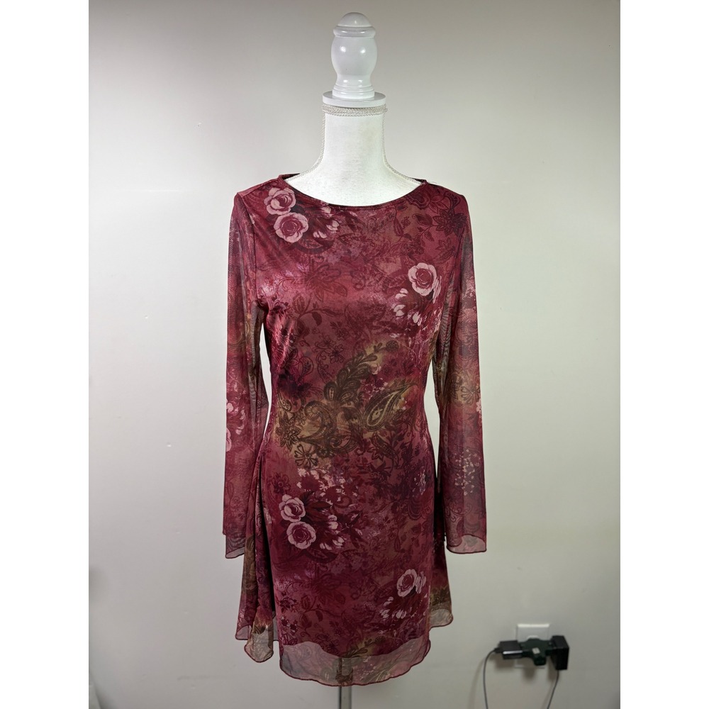 SHEIN Curve 0XL Burgundy Floral Paisley Mesh Mini Dress Long Sleeve Crew Neck